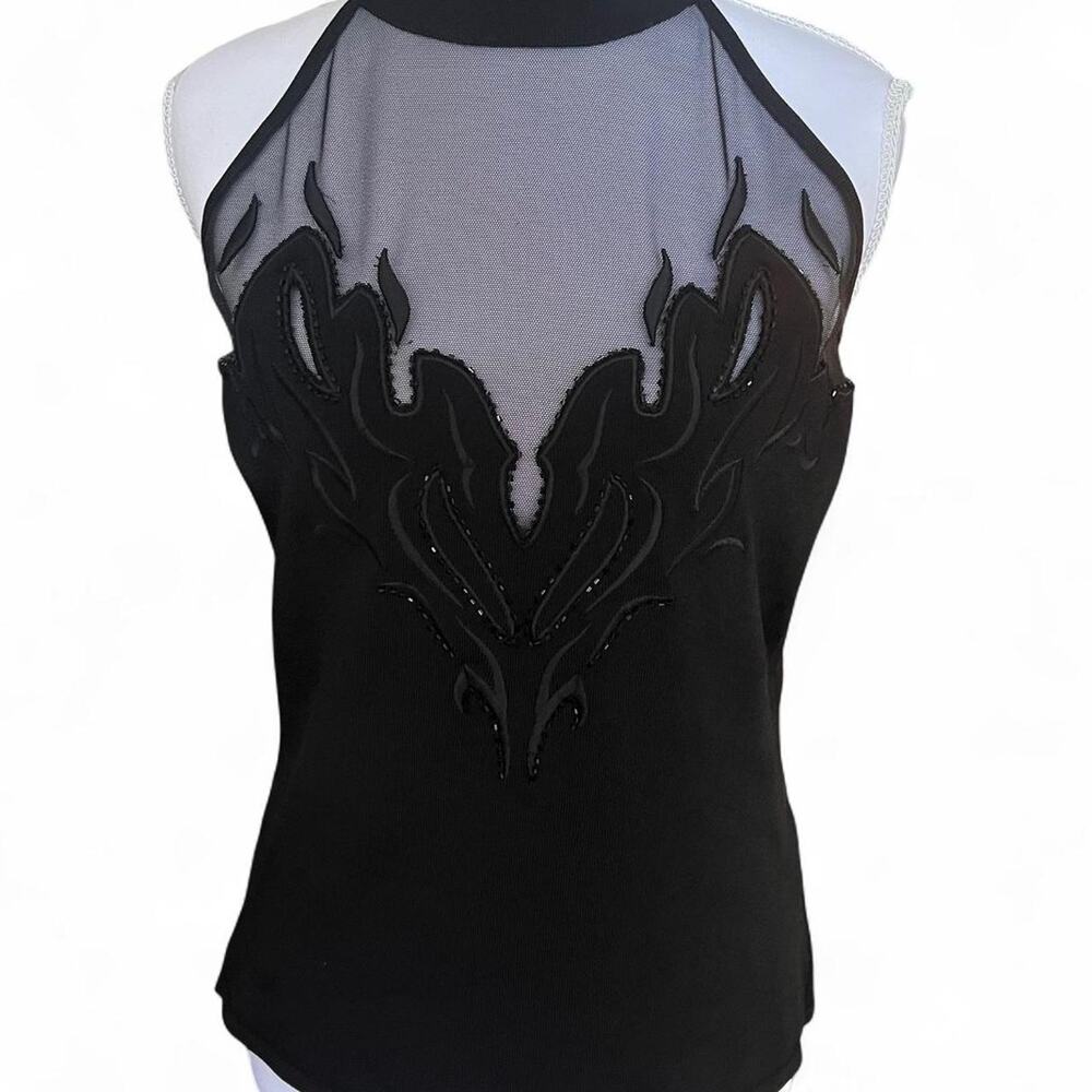 Cache Black Mesh Flame Appliqu Halter Top Y2k / E… - image 1